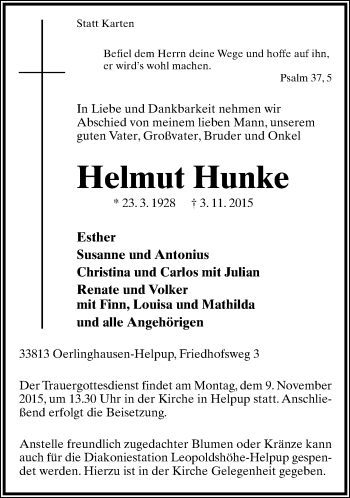 Anzeige  Helmut Hanke  Lippische Landes-Zeitung