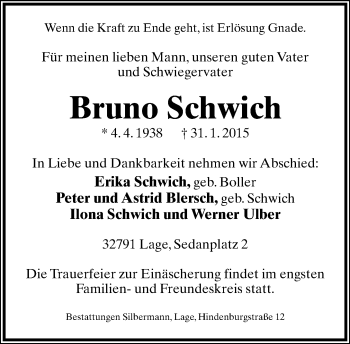 Anzeige  Bruno Schwich  Lippische Landes-Zeitung
