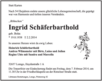 Anzeige  Ingrid Schäferbarthold  Lippische Landes-Zeitung