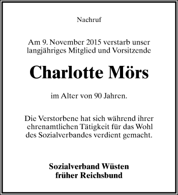 Anzeige  Charlotte Mörs  Lippische Landes-Zeitung