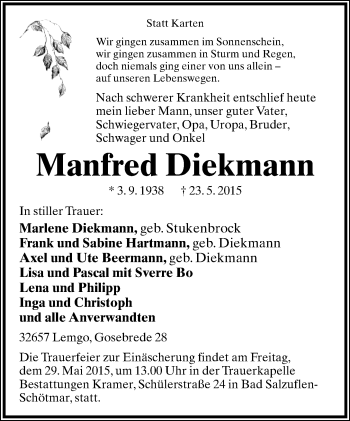 Anzeige  Manfred Diekmann  Lippische Landes-Zeitung