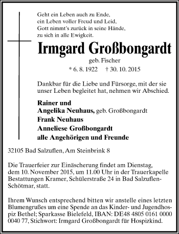 Anzeige  Irmgard Großbongardt  Lippische Landes-Zeitung