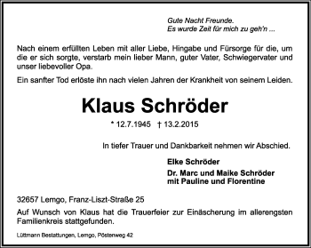 Anzeige  Klaus Schröder  Lippische Landes-Zeitung