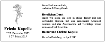 Anzeige  Frieda Kapelle  Lippische Landes-Zeitung