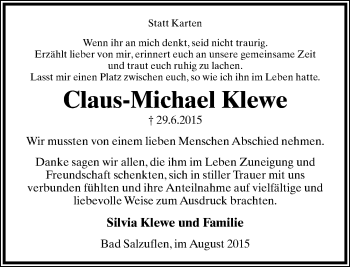 Anzeige  Claus-Michael Klewe  Lippische Landes-Zeitung