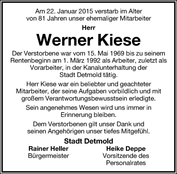 Anzeige  Werner Kiese  Lippische Landes-Zeitung