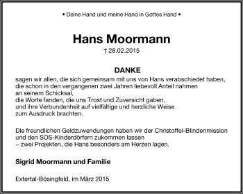 Anzeige  Hans Moormann  Lippische Landes-Zeitung