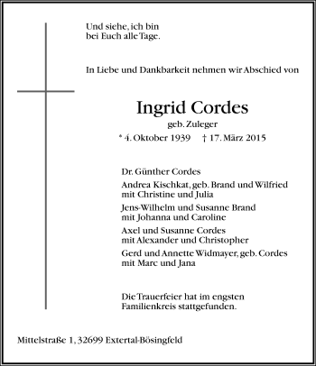 Anzeige  Ingrid Cordes  Lippische Landes-Zeitung