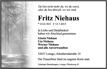 Anzeige  Fritz Niehaus  Lippische Landes-Zeitung