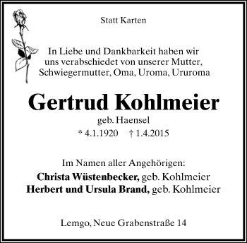 Anzeige  Gertrud Kohlmeier  Lippische Landes-Zeitung