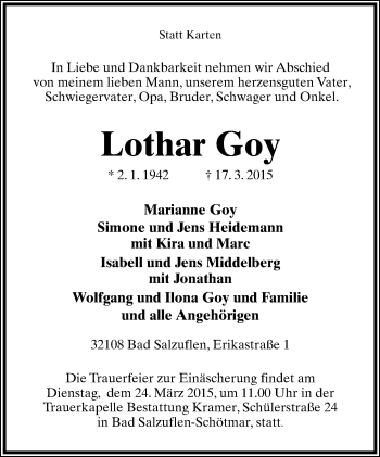 Anzeige  Lothar Goy  Lippische Landes-Zeitung