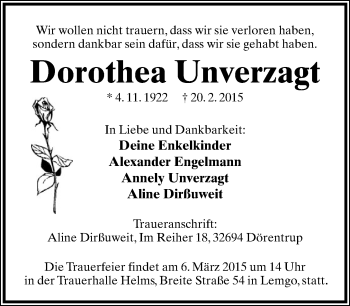 Anzeige  Dorothea Unverzagt  Lippische Landes-Zeitung