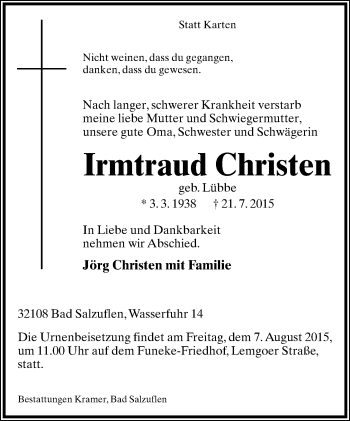 Anzeige  Irmtraud Christen  Lippische Landes-Zeitung