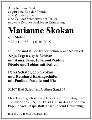 Anzeige  Marianne Skokan  Lippische Landes-Zeitung
