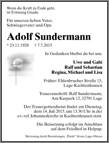 Anzeige  Adolf Sundermann  Lippische Landes-Zeitung