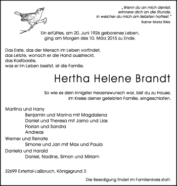 Anzeige  Hertha Helene Brandt  Lippische Landes-Zeitung