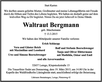 Anzeige  Waltraut Bergmann  Lippische Landes-Zeitung