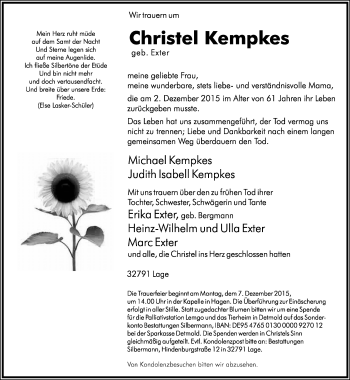 Anzeige  Christel Kempkes  Lippische Landes-Zeitung