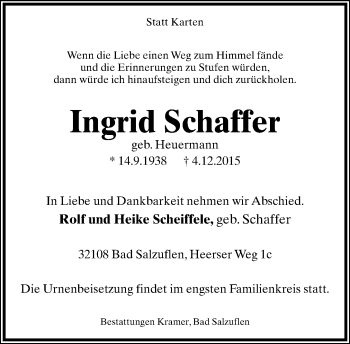 Anzeige  Ingrid Schaffer  Lippische Landes-Zeitung