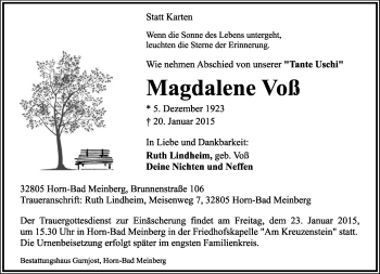Anzeige  Magdalene Voß  Lippische Landes-Zeitung