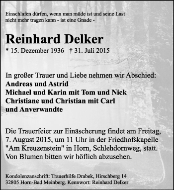 Anzeige  Reinhard Delker  Lippische Landes-Zeitung