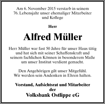 Anzeige  Alfred Müller  Lippische Landes-Zeitung