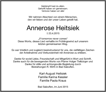 Anzeige  Annerose Heitsiek  Lippische Landes-Zeitung