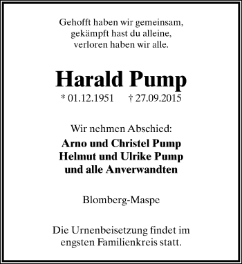 Anzeige  Harald Pump  Lippische Landes-Zeitung