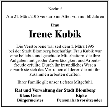 Anzeige  Irene Kubik  Lippische Landes-Zeitung