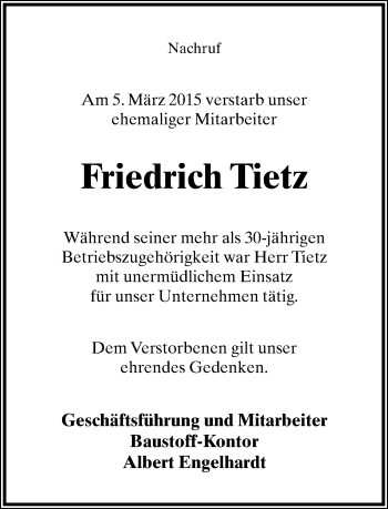 Anzeige  Friedrich Tietz  Lippische Landes-Zeitung