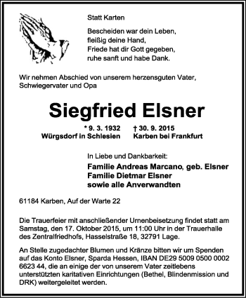 Anzeige  Siegfried Elsner  Lippische Landes-Zeitung