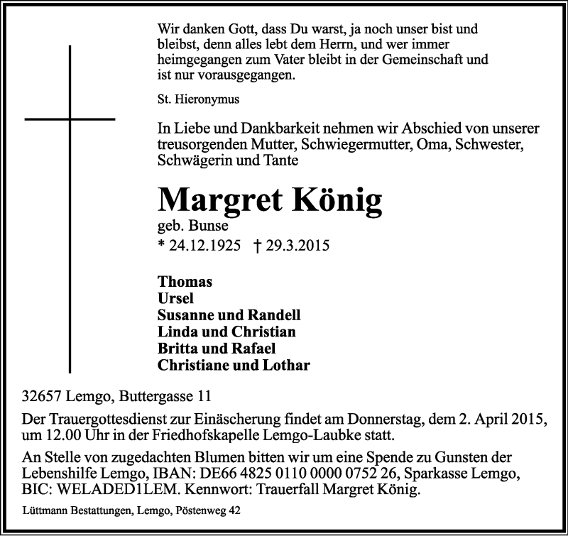  Traueranzeige für Margret König vom 31.03.2015 aus Lippische Landes-Zeitung