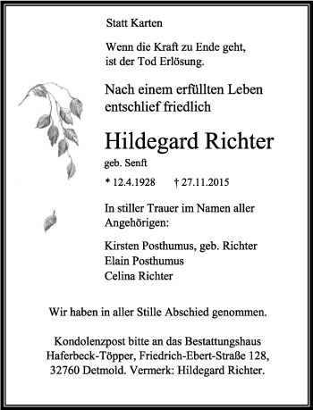 Anzeige  Hildegard Richter  Lippische Landes-Zeitung