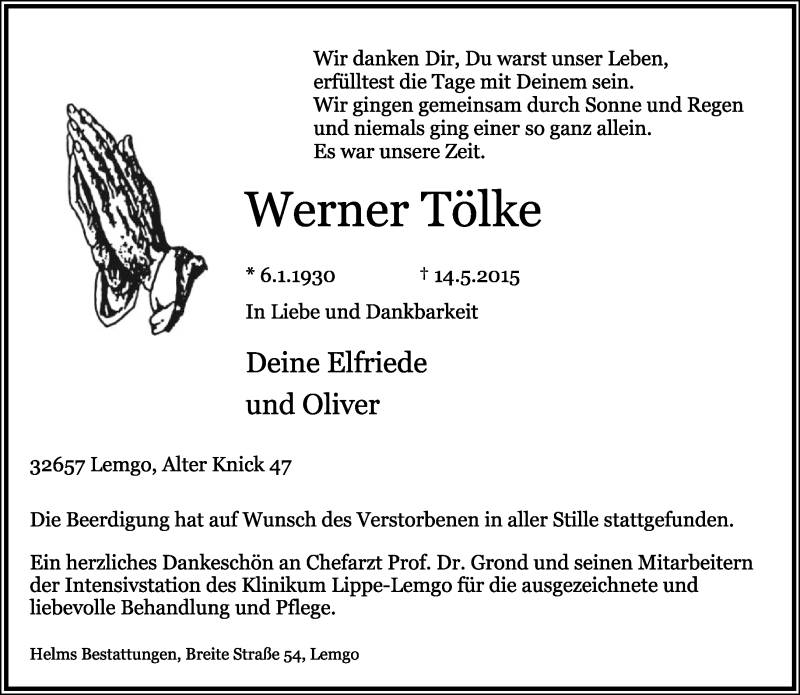  Traueranzeige für Werner Tölke vom 04.06.2015 aus Lippische Landes-Zeitung