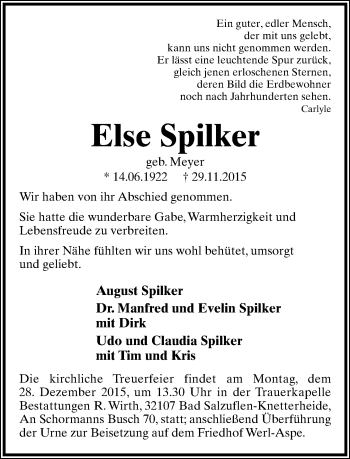 Anzeige  Else Spilker  Lippische Landes-Zeitung