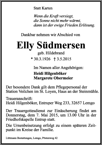 Anzeige  Elly Südmersen  Lippische Landes-Zeitung
