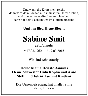 Anzeige  Sabine Smit  Lippische Landes-Zeitung