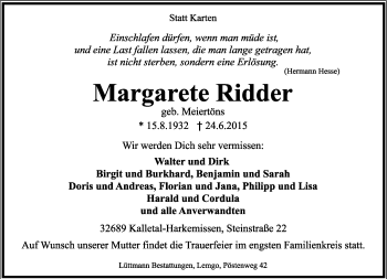 Anzeige  Margarete Ridder  Lippische Landes-Zeitung