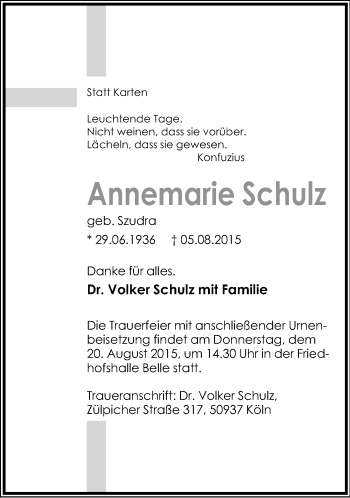 Anzeige  Annemarie Schulz  Lippische Landes-Zeitung
