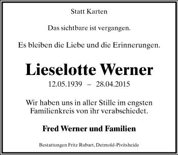 Anzeige  Lieselotte Werner  Lippische Landes-Zeitung