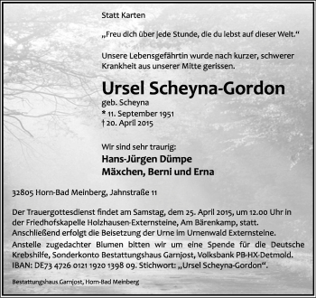 Anzeige  Ursel Scheyna-Gordon  Lippische Landes-Zeitung