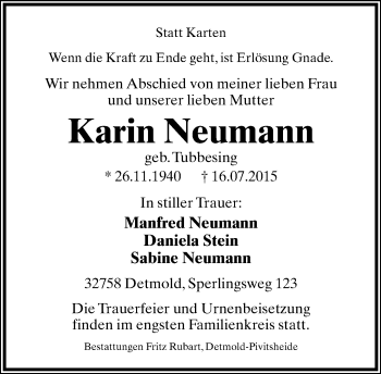 Anzeige  Karin Neumann  Lippische Landes-Zeitung