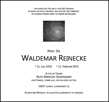 Anzeige  Waldemar Reinecke  Lippische Landes-Zeitung