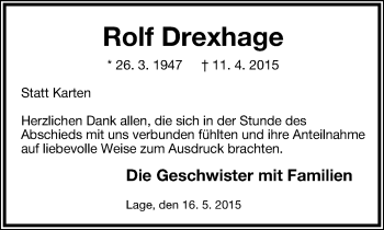 Anzeige  Rolf Drexhage  Lippische Landes-Zeitung