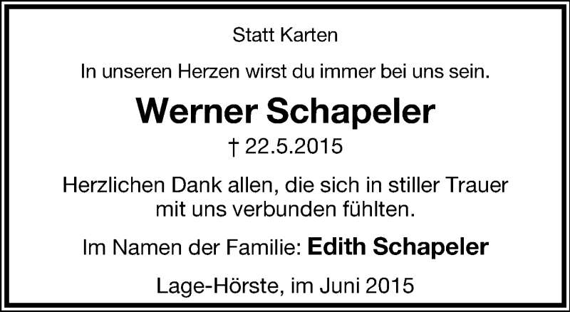  Traueranzeige für Werner Schapeler vom 20.06.2015 aus Lippische Landes-Zeitung
