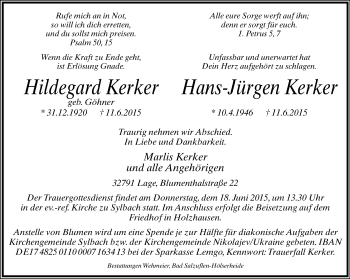 Anzeige  Hildegard und Hans-Jürgen Kerker  Lippische Landes-Zeitung