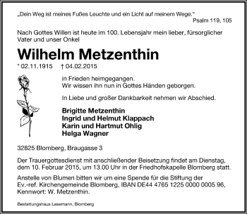 Anzeige  Wilhelm Metzenthin  Lippische Landes-Zeitung