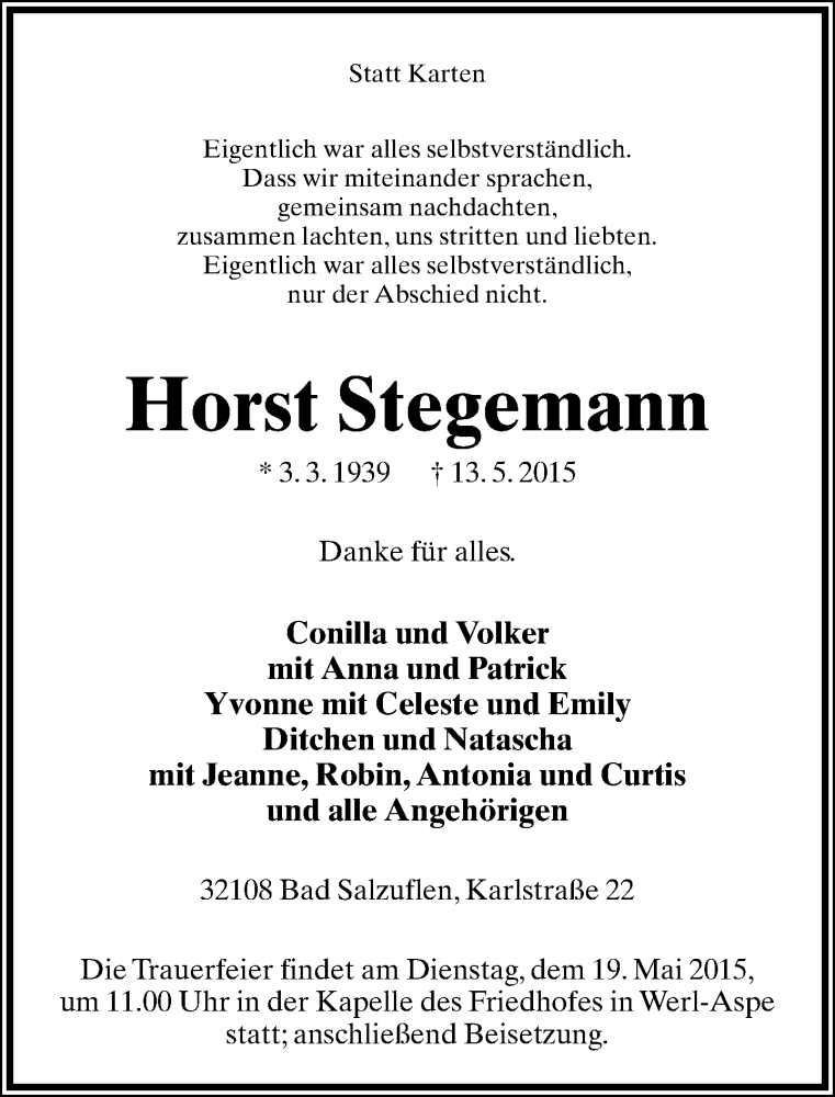  Traueranzeige für Horst Stegemann vom 16.05.2015 aus Lippische Landes-Zeitung