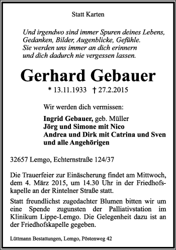 Anzeige  Gerhard Gebauer  Lippische Landes-Zeitung