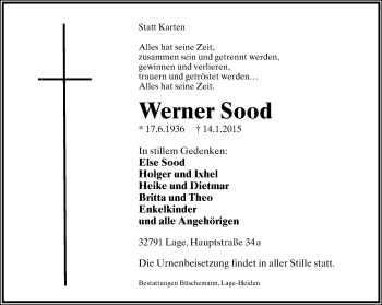 Anzeige  Werner Sood  Lippische Landes-Zeitung